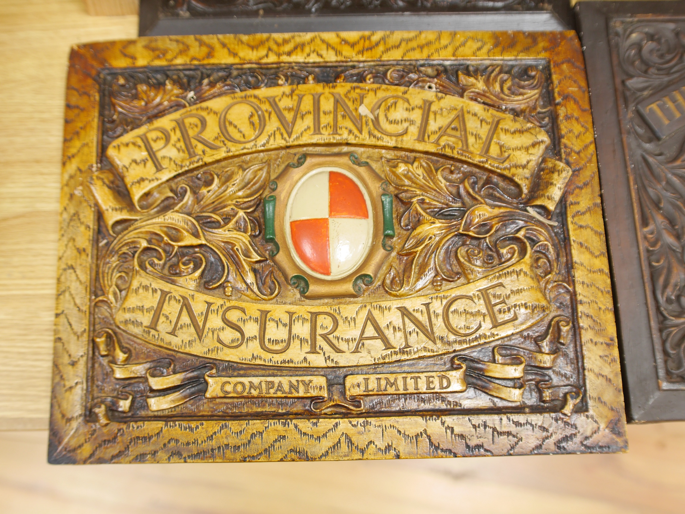 Seven insurance plaques to include The Yorkshire Insurance company and Alliance Insurance Company, largest 46cm high. Condition - varies